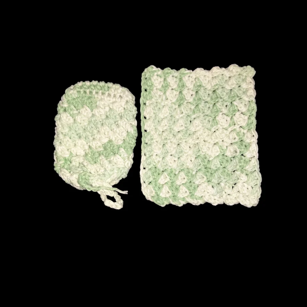 Hand Crafted Green and White Wash Cloth Set